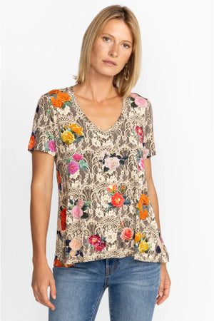 Johnny Was Rose Lace V-Neck Tee