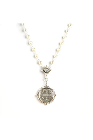 VSA Designs Silver San Benito 6mm Pearl Evita Rosary Necklace