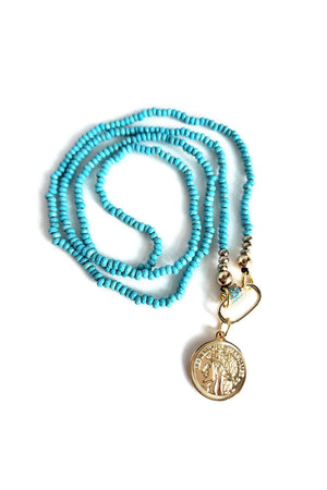 Steel Blue Blue Turquoises Carabiner Long Necklace with Republique Francaise 14K Gold Filled Coin
