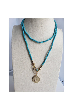 Gray Blue Turquoises Carabiner Long Necklace with Republique Francaise 14K Gold Filled Coin