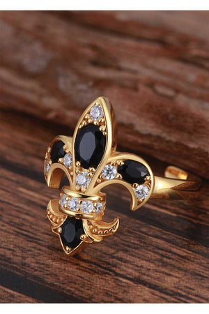 black onyx and gold fleur de lis ring adjustable