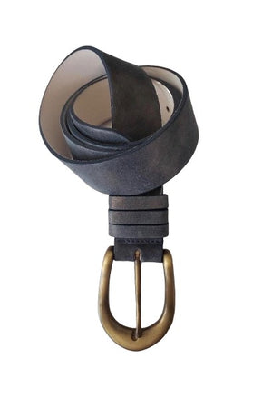 Dark Denim Metallic Leather Belt with Antique Brass Buckle