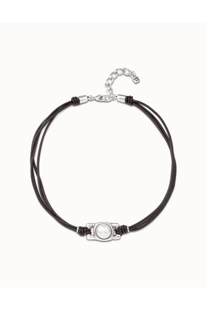 Uno De 50 "DARLING" Silver Pearl w/ Leather Strap Necklace