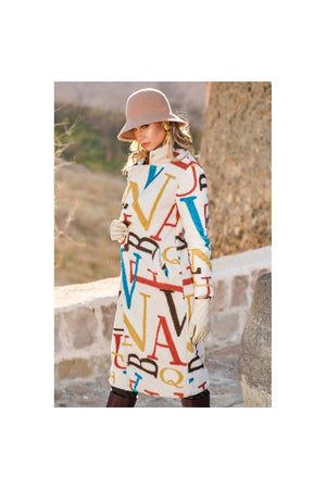 Dolcezza Long Cream Knit Coat W/ Multi Color Alphabet Pattern