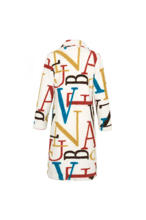 Dolcezza Long Cream Knit Coat W/ Multi Color Alphabet Pattern