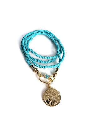 Rosy Brown Blue Turquoises Carabiner Long Necklace with Republique Francaise 14K Gold Filled Coin