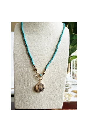 Light Gray Blue Turquoises Carabiner Long Necklace with Republique Francaise 14K Gold Filled Coin