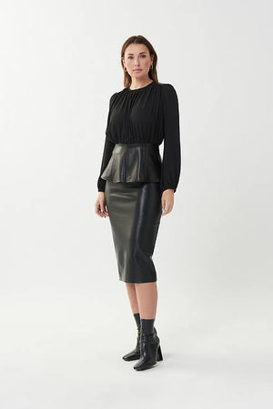 Joseph Ribkoff Black Puff Sleeve Top with Faux Leather Trim