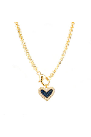 Marlyn Schiff Necklace Brass Twist Link Chain W/ CZ Heart Charm Sapphire