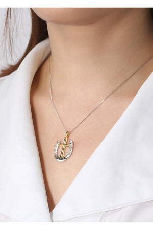 A Rider's Prayer Necklace in Sterling + Gold on model