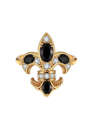 the Fleur De Ni fleur de lis ring by Saints & Saviors black onyx and crystals in gold adjustable ring