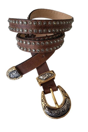 Studded Brown Leather Belt with Antique Gold/Silver Buckle