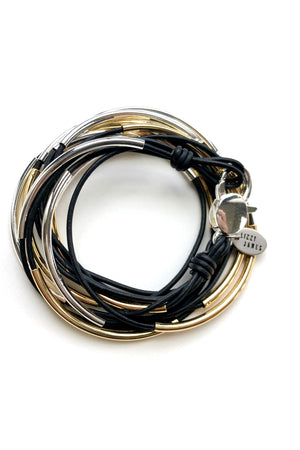 Lizzy Classic Black Leather 4 Strand Convertible Wrap Bracelet with Silver and Gold Plated Accent Bars