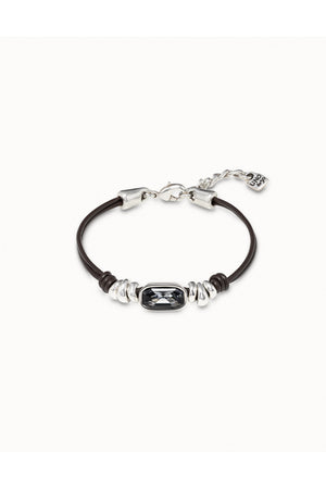 Uno de 50 Bracelet "Cocodrile" Silver & Leather W/ Black Crystal