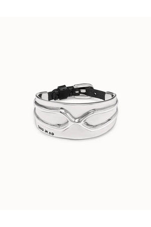 Uno De 50 "Crossed" Silver Bracelet W/ Black Leather