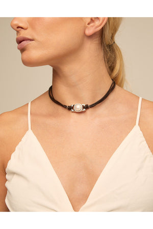 Uno De 50 "DARLING" Silver Pearl w/ Leather Strap Necklace